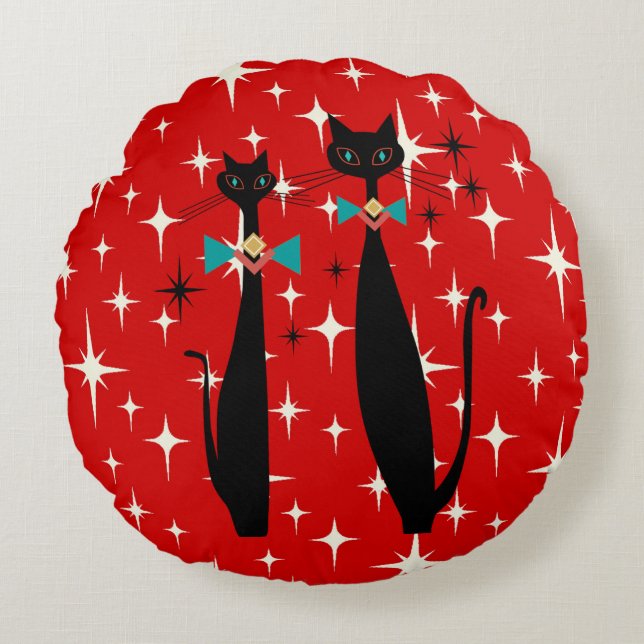 Retro Atomic Era Mid Century Modern MCM Black Cat  Round Cushion (Front)