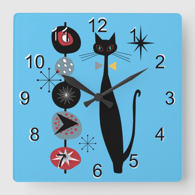 Retro Atomic Era Mid Century Modern MCM Cool Cat 3 Square Wall Clock (Front)