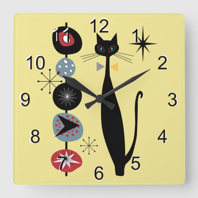 Retro Atomic Era Mid Century Modern MCM Cool Cat 3 Square Wall Clock (Front)