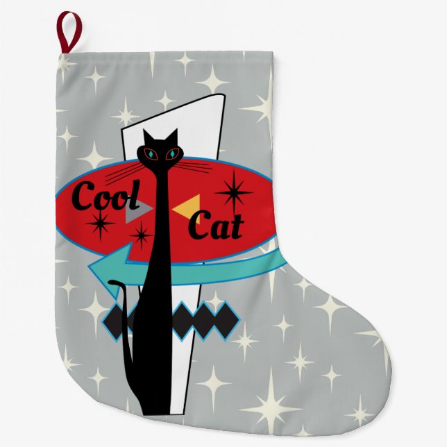 Retro Atomic Era Mid Century Modern MCM Cool Cat S Large Christmas Stocking (Front)