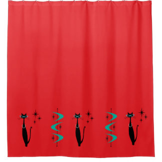 Retro Atomic Era Mid Century Modern MCM Kitty Cat Shower Curtain