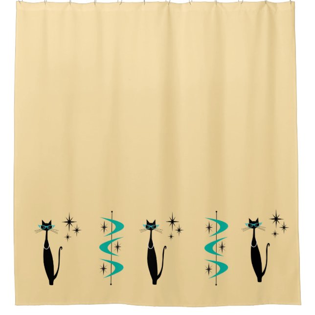 Retro Atomic Era Mid Century Modern MCM Kitty Cat Shower Curtain (Front)