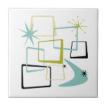 Retro Atomic Era Stars Boomerang Mid Century Tile<br><div class="desc">Add that splash of fun and colour to your kitchen or bathroom with this fabulous atomic era mid century modern ceramic tile. This design features abstract squares,  starbursts,  and a boomerang in the colours of avocado green,  aqua blue,  yellow,  and black... so funky!</div>
