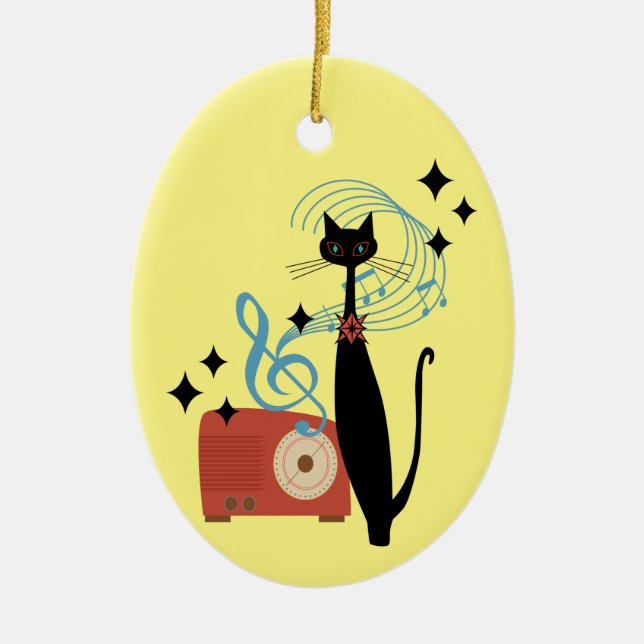 Retro Atomic MCM Cool Cat & Radio Music  Ceramic Tree Decoration (Front)