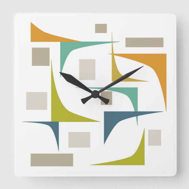 Retro Atomic Mid Century Geometric Turquoise Green Square Wall Clock (Front)