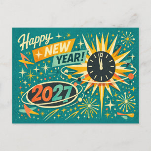 Retro Atomic Mid Century Happy New Year 2027 Holiday Postcard