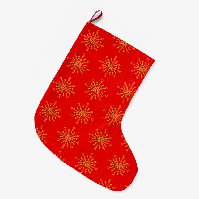 Retro Atomic Mid-Century Mod Red & Gold  Large Christmas Stocking (Front (Hanging))