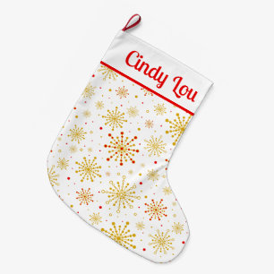 Retro Atomic Mid-Century Mod Red Gold Personalised Large Christmas Stocking