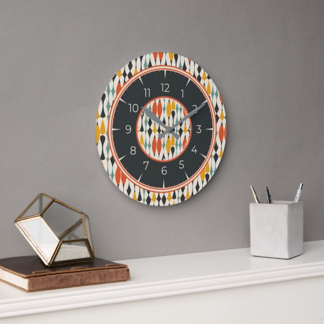 Retro Atomic Mid Century Teal Gold Orange Black Large Clock (Office)