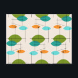 Retro Atomic Mobile Pattern Postcard<br><div class="desc">This Retro Atomic Mobile Pattern Postcard is mid century modern style at its finest. The vintage inspired design features a cream background with colourful pointed ovals in turquoise, orange, teal, and avocado green. The teal and avocado green ovals overlap creating a lovely shade of peacock blue. Fun starbursts accentuate slanting...</div>
