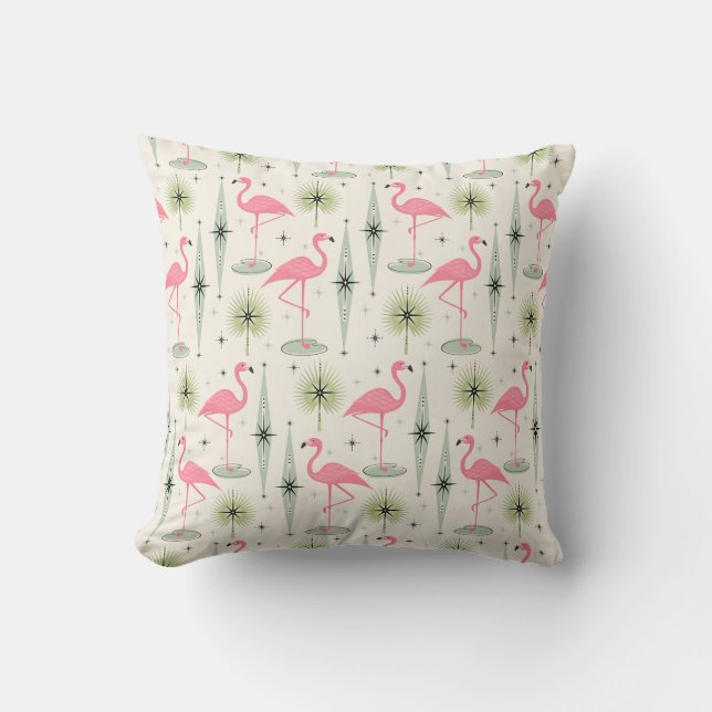 Retro Atomic Oasis with Pink Flamingos Cushion (Front)