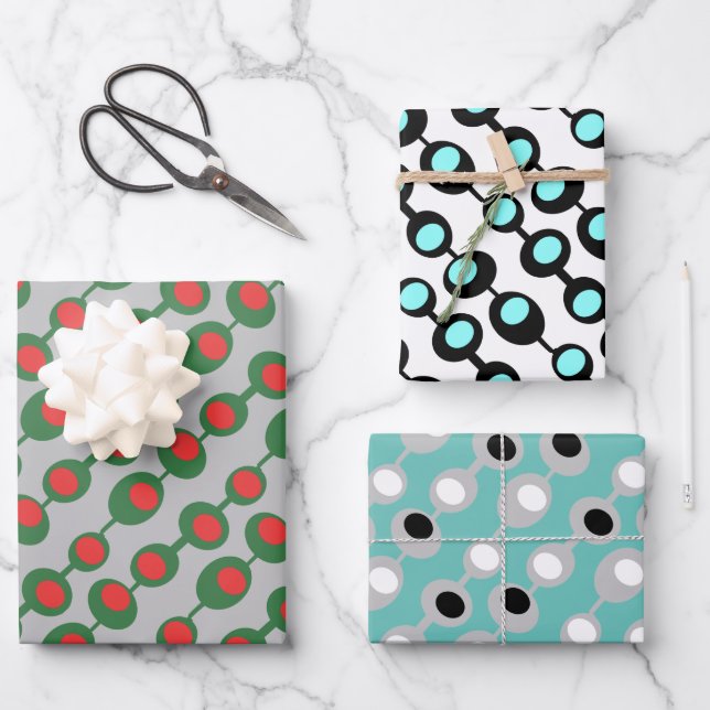 Retro Atomic Olives Trio Wrapping Paper Sheet (Front)