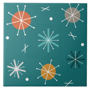 Retro Atomic Planets Starbursts Teal Tile