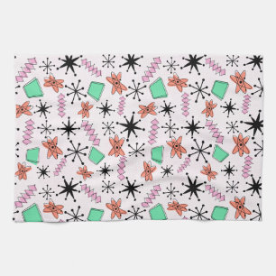 Retro Atomic Shapes Pink Orange & Green Tea Towel