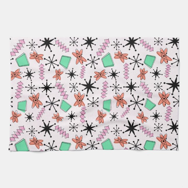 Retro Atomic Shapes Pink Orange & Green Tea Towel (Horizontal)