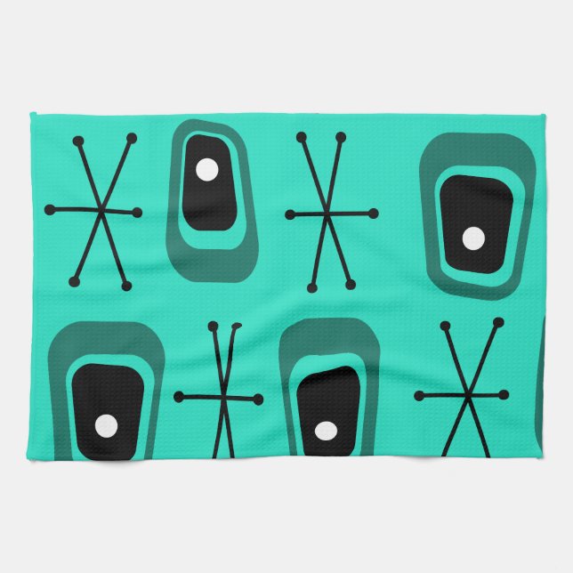 Retro Atomic Space Age Turquoise Tea Towel (Horizontal)