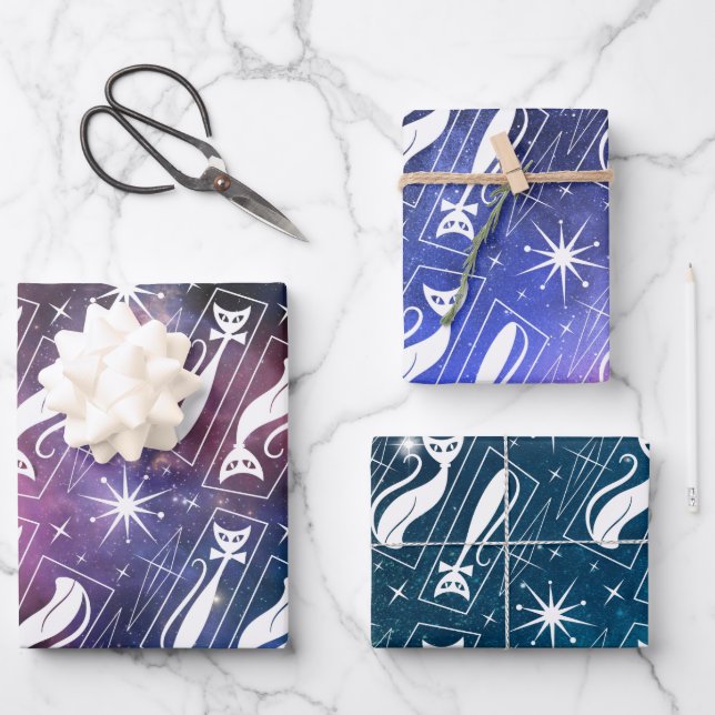 Retro Atomic Star Space Cat MidCentury Christmas Wrapping Paper Sheet (Front)