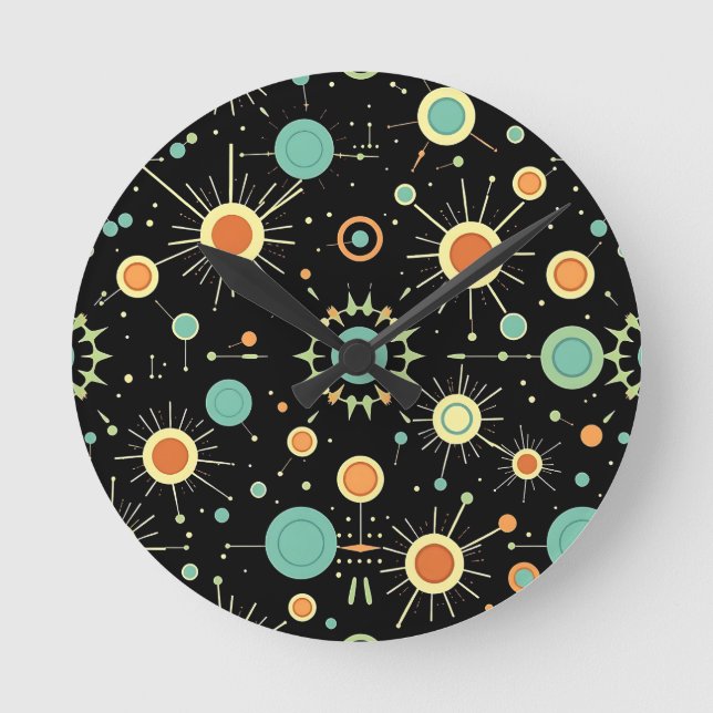 Retro Atomic Starburst Midcentury Pattern Round Clock (Front)