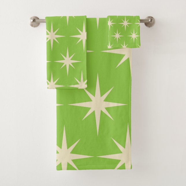 Retro Atomic stars pattern on lime green     Bath Towel Set (Insitu)