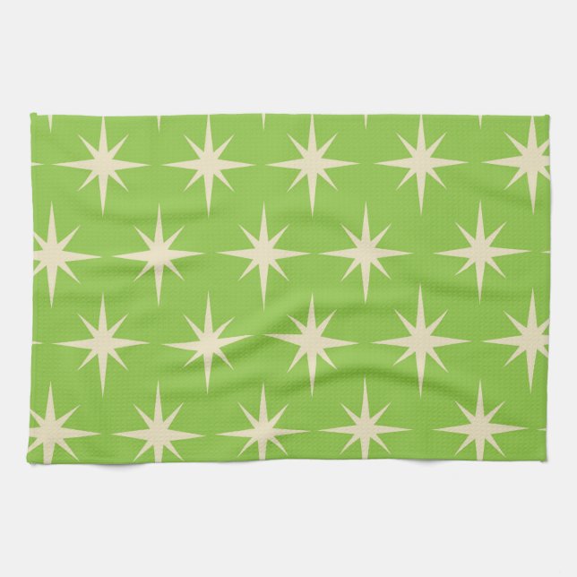 Retro Atomic stars pattern on lime green   Tea Towel (Horizontal)