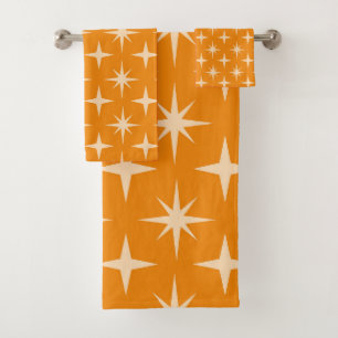 Retro Atomic Stars Pattern on Orange Bath Towel Set