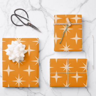 Retro Atomic Stars Pattern on Orange  Wrapping Paper Sheet