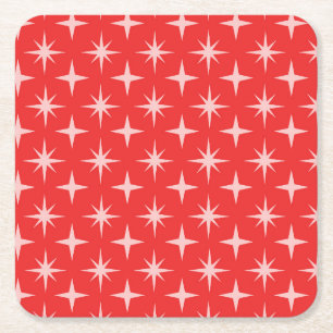 Retro Atomic Stars Pattern on Red Square Paper Coaster