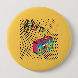 Retro audio boombox. 10 cm round badge