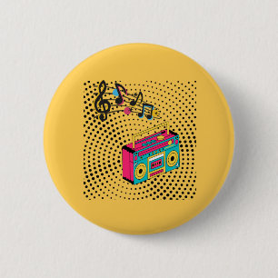 Retro audio boombox. 6 cm round badge
