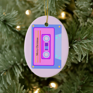 Retro Audio Cassette Pastel Pink Merry Christmas Ceramic Tree Decoration