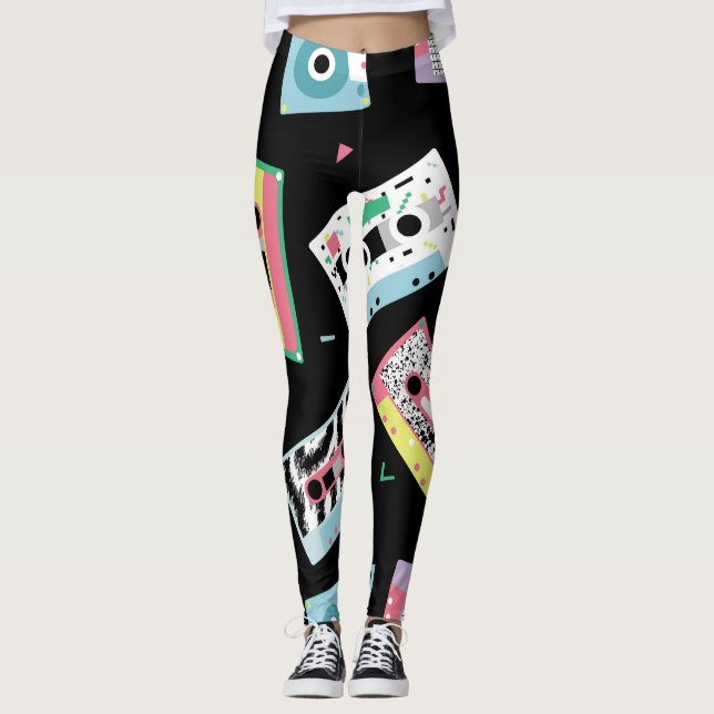 Retro audio tapes, 80s style pattern. leggings (Front)