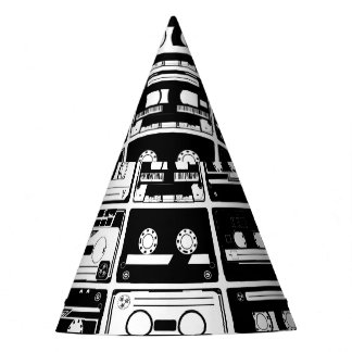 Retro audio tapes, old-fashioned pattern. party hat