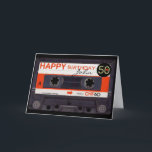 Retro Audiotape S 50th birthday recto-verso Name C Card<br><div class="desc">Old audio cassette (white and red ornage label) to personalise with your name and date. 50 is customisable on a small black tag. Design on recto verso greeting card for birthday. You can easily change text (font, colour, size and position) by clicking the customise button. Matching 50th birthday invitation and...</div>