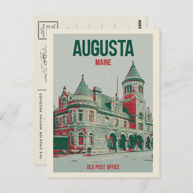  Retro Augusta Maine, former Post Office Postcard (Front/Back)
