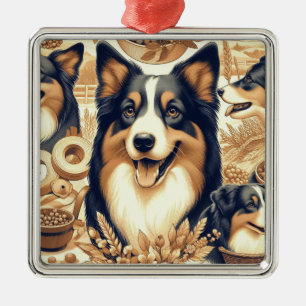 Retro Australian Shepherd Illustration Metal Tree Decoration