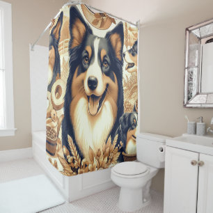 Retro Australian Shepherd Illustration Shower Curtain