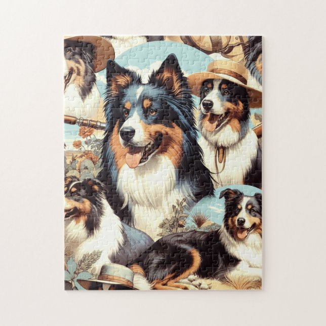 Retro Australian Shepherd Seamless Painting Jigsaw Puzzle (Vertical)