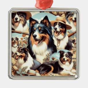 Retro Australian Shepherd Seamless Painting Metal Tree Decoration