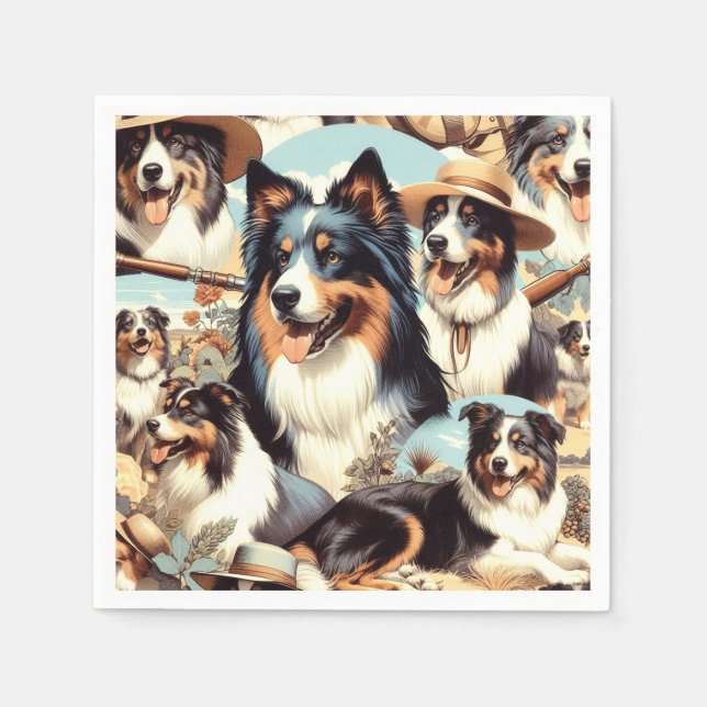 Retro Australian Shepherd Seamless Painting Napkin (Front)
