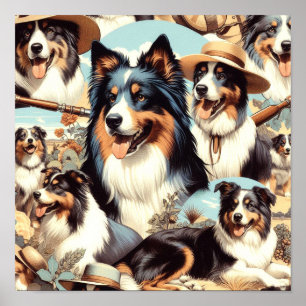 Retro Australian Shepherd Seamless Painting Poster