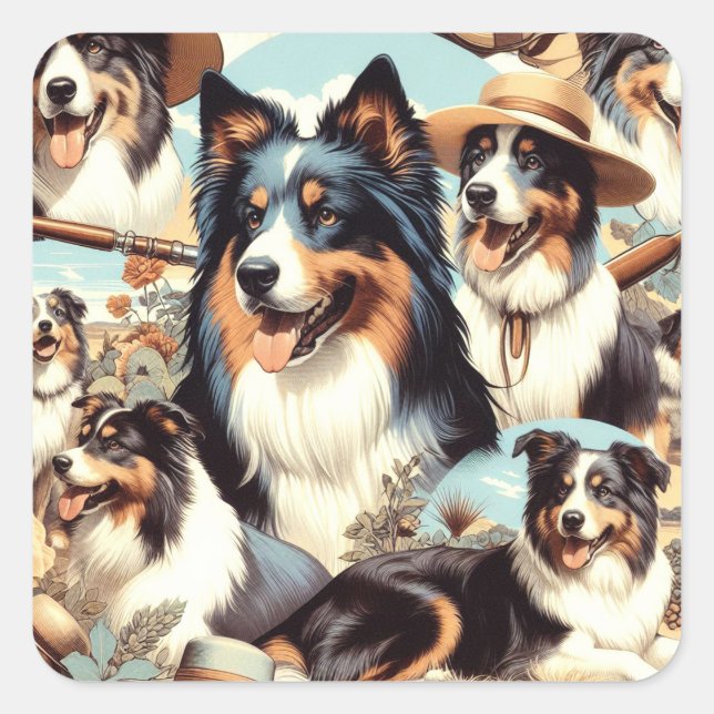 Retro Australian Shepherd Seamless Painting Square Sticker (Front)