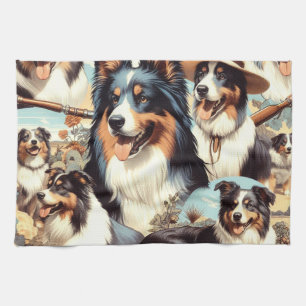 Retro Australian Shepherd Seamless Painting Tea Towel