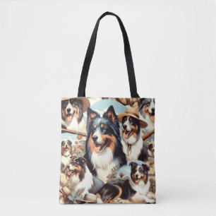 Retro Australian Shepherd Seamless Painting Tote Bag