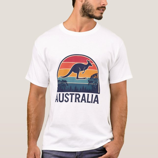 Retro Australian Sunset  Animal jumping Kangaroo T-Shirt (Front)