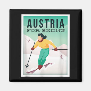 Retro Austria Skiing Motif With Ski And Ski Poles Magnet