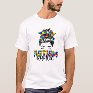 Retro Autism Awareness Messy Bun Auntie Support Au T-Shirt