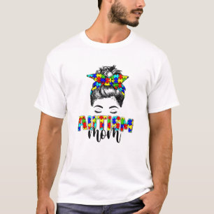 Retro Autism Awareness Messy Bun Mum Support Autis T-Shirt