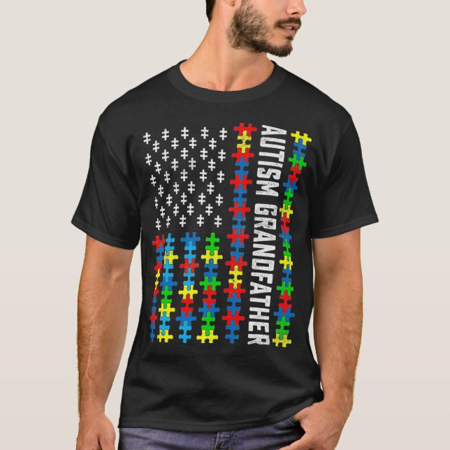 Retro Autism Awareness USA Flag Grandfather Suppor T-Shirt (Front)