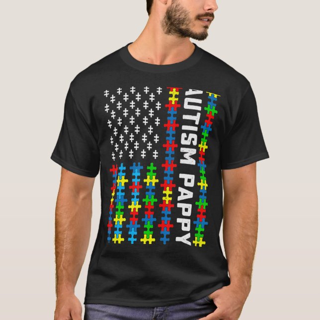 Retro Autism Awareness Usa Flag Pappy Support Auti T-Shirt (Front)