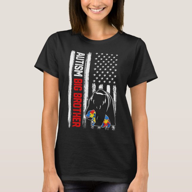 Retro Autism Big Brother Bear American Flag Awaren T-Shirt (Front)